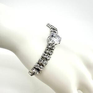 Glam Bridal Style Rhinestone Clear Glass Silver Tone Adjustable Bolo Bracelet